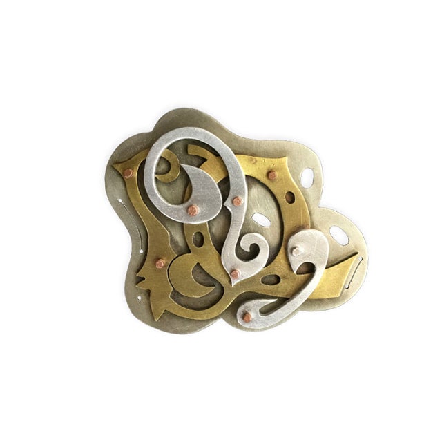 One of a Kind Mixed Metal Caligraphic Collage Mantra Brooch
